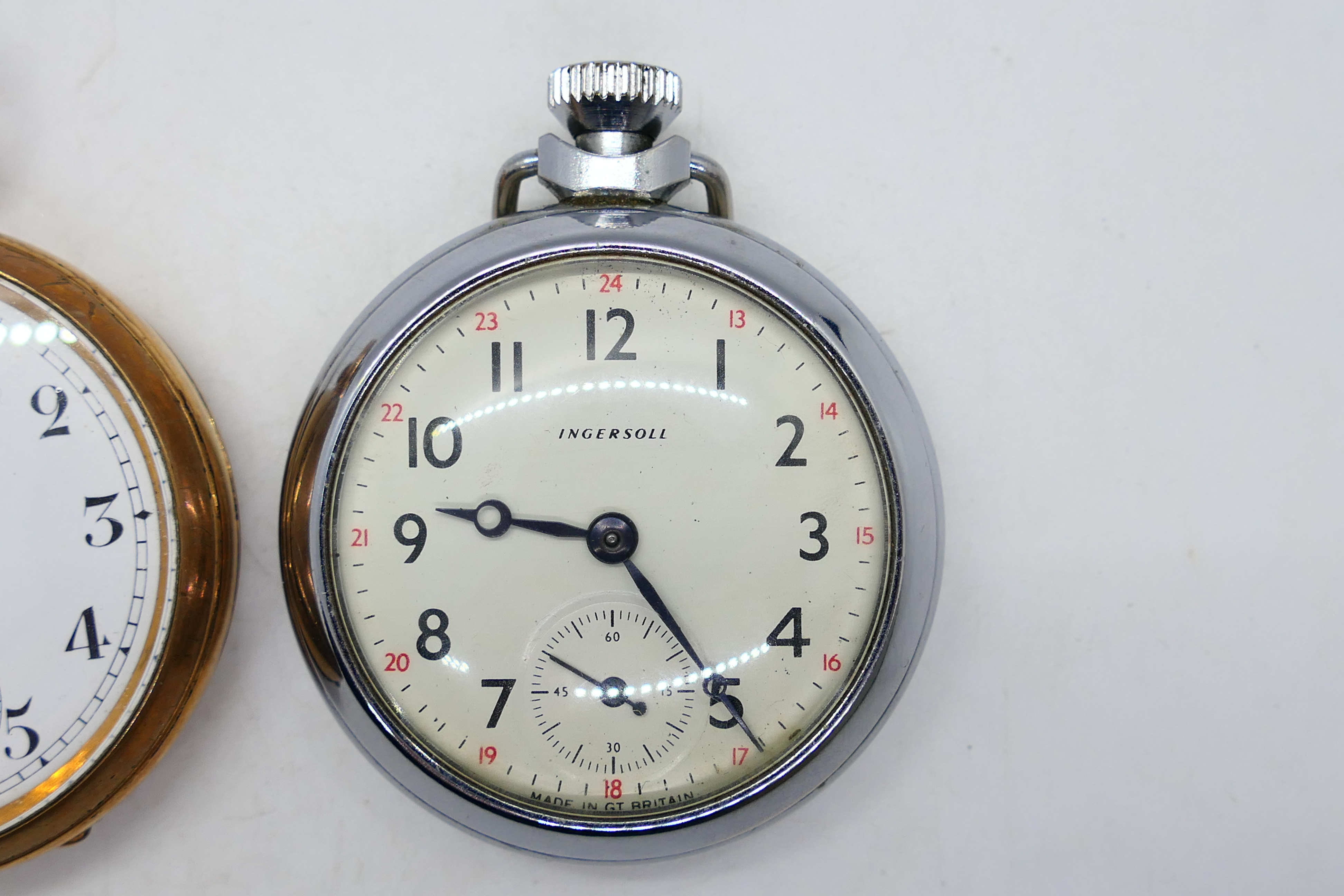A yellow metal pocket watch, Arabic numerals on a white dial with subsidiary seconds dial, - Image 2 of 4