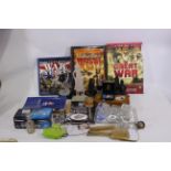 A mixed lot to include rugby magazines, glassware, plastic figures, hand held mirrors,