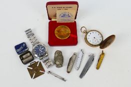 Lot to include wrist watch, gold plated full hunter pocket watch (A/F), penknives,