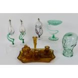 Three decorative oil candles / lamps, dressing table items, glass head and similar.