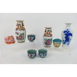 Chinese ceramics to include a blue and white vase decorated with a warrior in combat with a