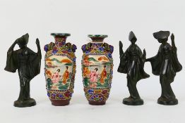 Three cast iron Oriental figures, approximately 16 cm (h) and a pair of Japanese vases.
