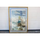 A large gilt framed print after Montague Dawson depicting a ship in heavy seas,