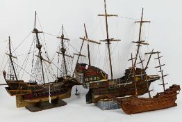 Three scratch built model three mast ships, largest approximately 63 cm x 65 cm.