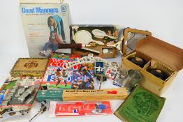 A mixed lot to include vintage sporting equipment, boxed dressing table set,