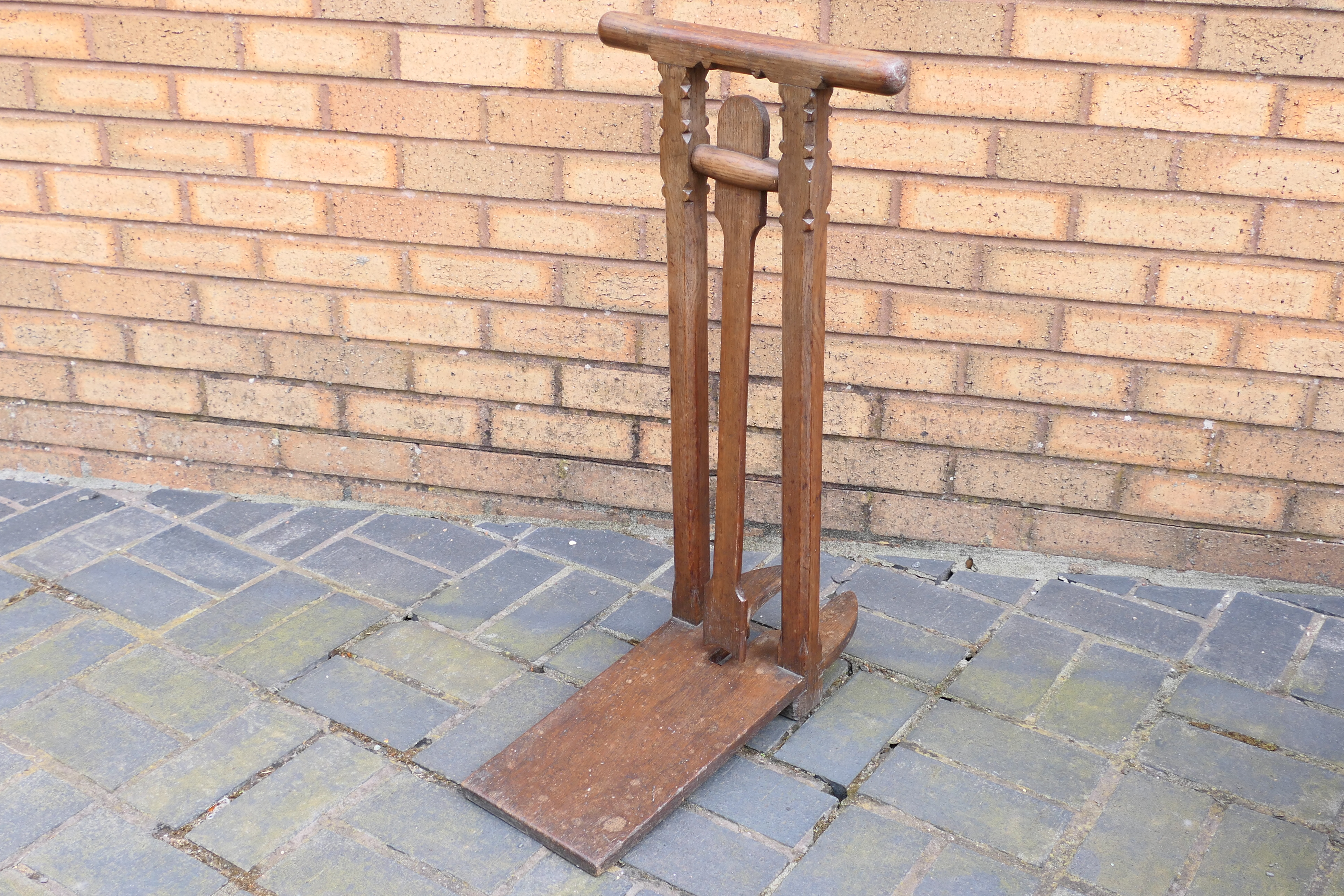An oak boot jack with two handled top with twin columns and carved recess for boot heel, - Image 2 of 4