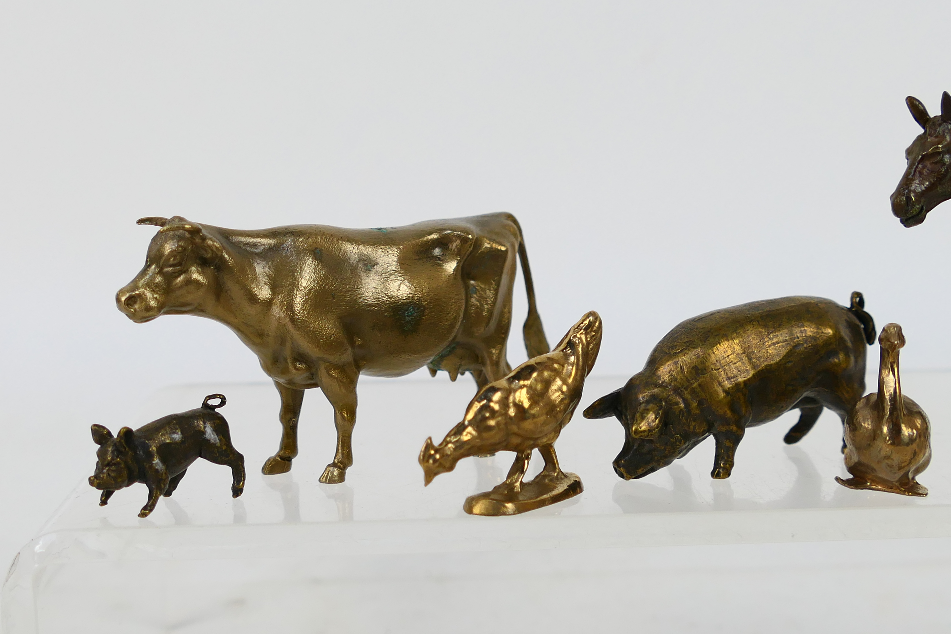 A collection of bronze figures of animals to include horse, bull / cows, sheep, birds, - Image 2 of 5