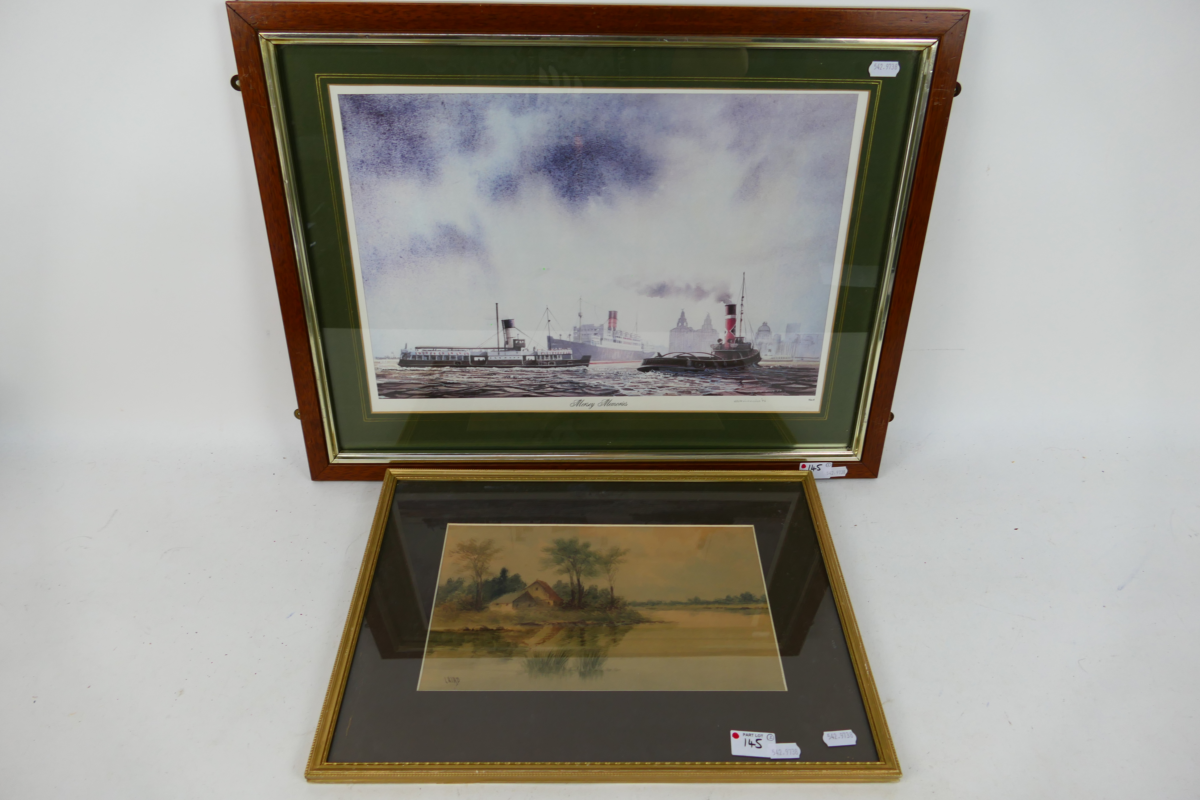 A print depicting boats on the River Mersey, mounted and framed under glass,
