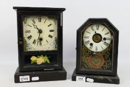 A pair of interesting kitchen shelf clocks, one with alarm feature,
