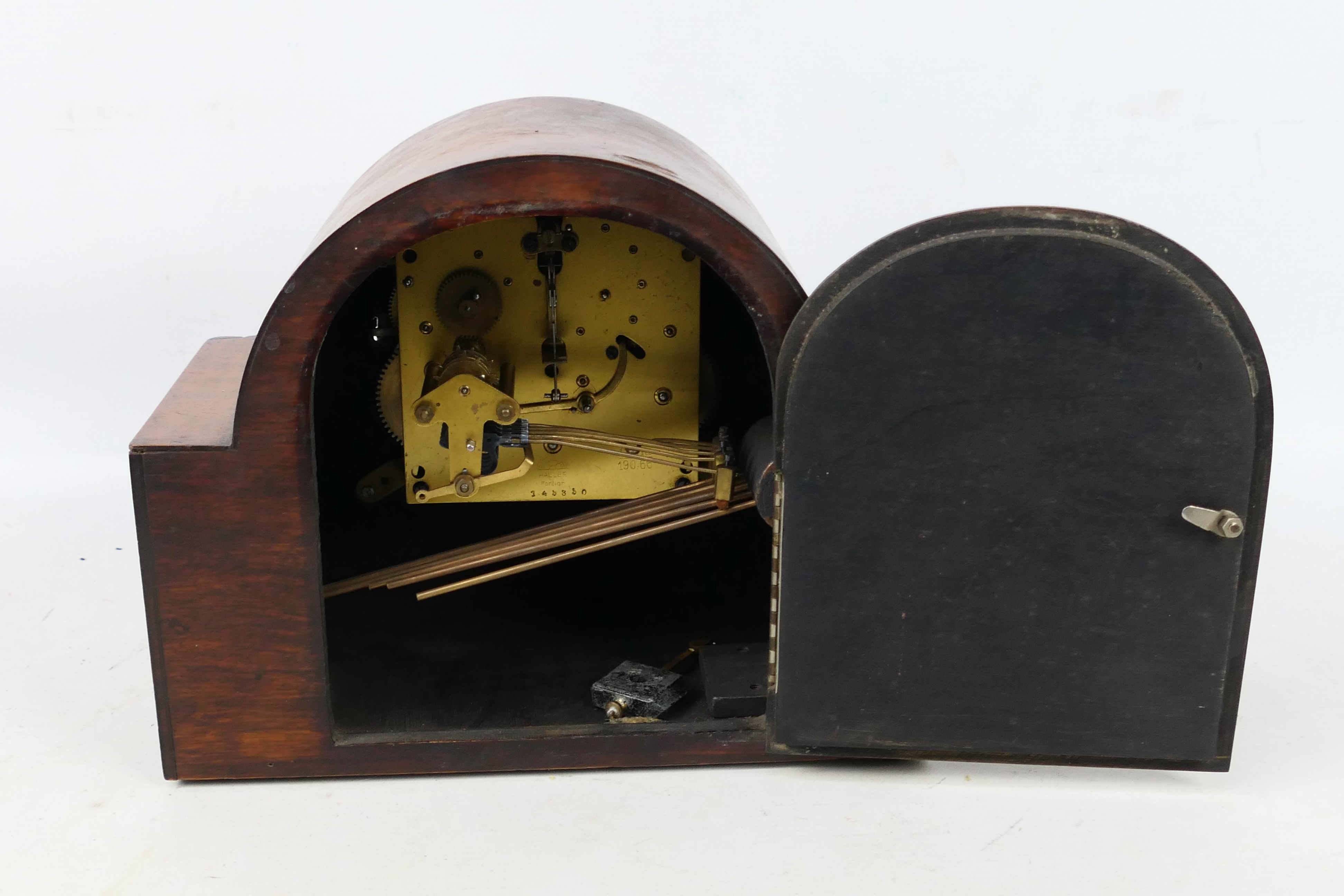 An Art Deco styled oak cased Westminster chiming mantel clock, opening chrome bezel, - Image 4 of 5