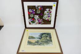 Two framed pictures to include a watercolour landscape scene and a still life,
