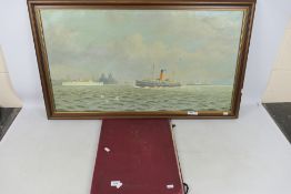 John Cromby - A framed oil on canvas depicting the Liverpool skyline with the Birkenhead Ferry