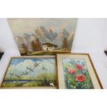Three pictures to include a floral watercolour by Valerie Wright,