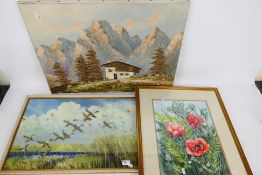 Three pictures to include a floral watercolour by Valerie Wright,