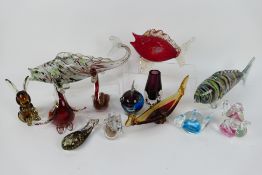 Glassware to include Murano style fish, paperweights, vase and similar,