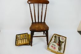 Lot to include a child's vintage chair, cased set of fish knives and forks and a dressing table set.