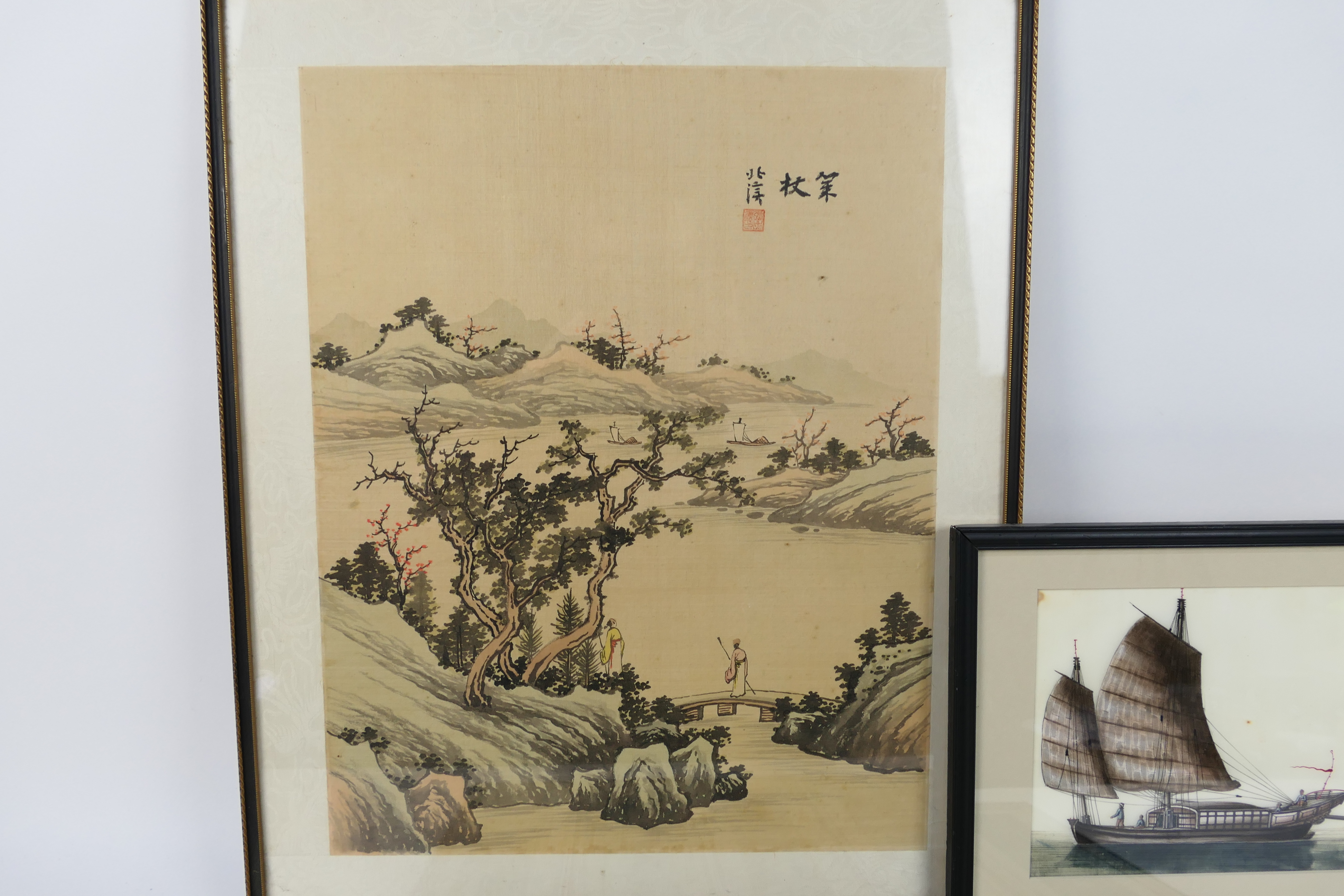 A collection of Oriental pictures to include a landscape scene on silk, framed under glass, - Image 3 of 4