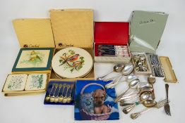 Lot to include various flatware, part boxed, vintage linen and other.