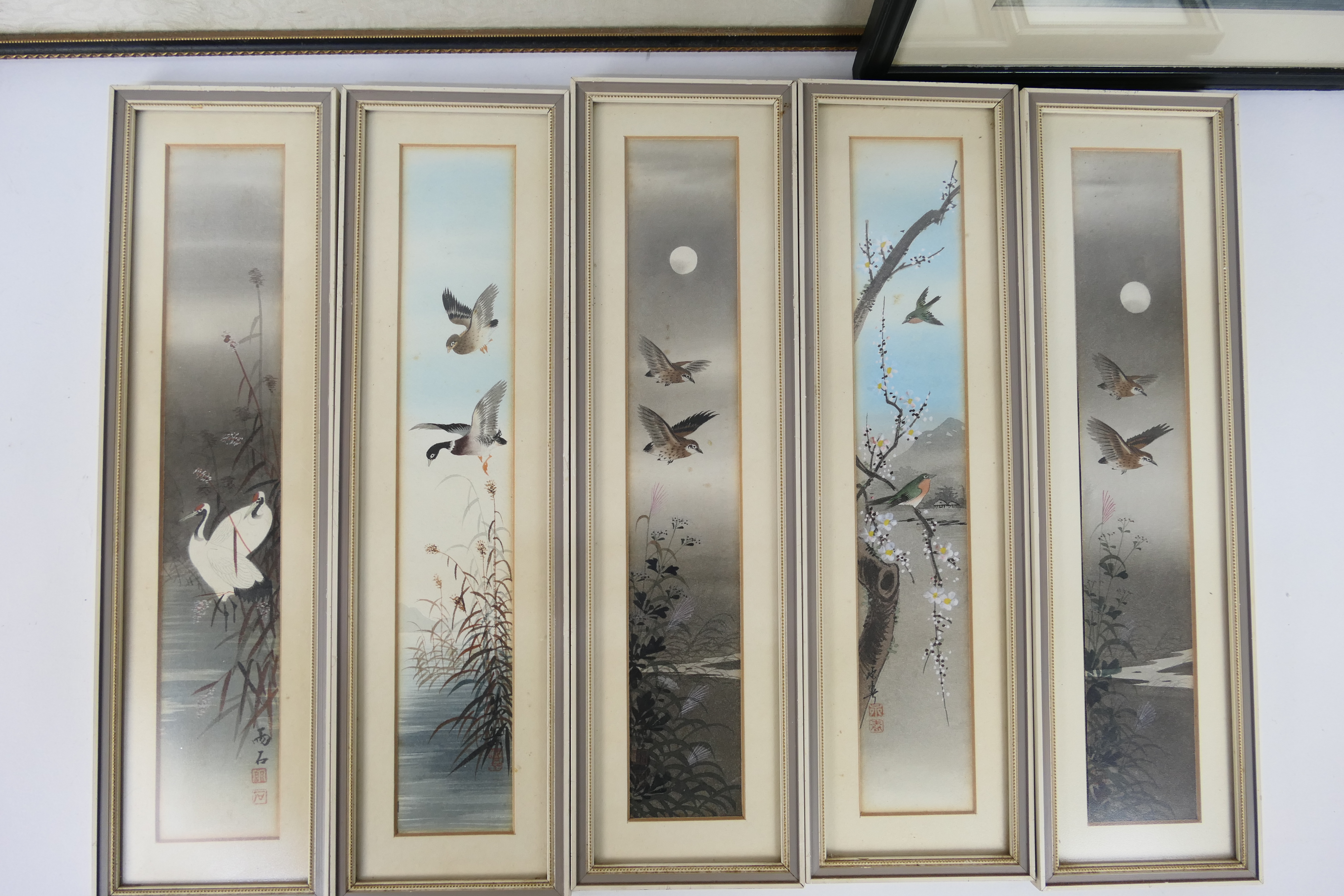 A collection of Oriental pictures to include a landscape scene on silk, framed under glass, - Image 2 of 4