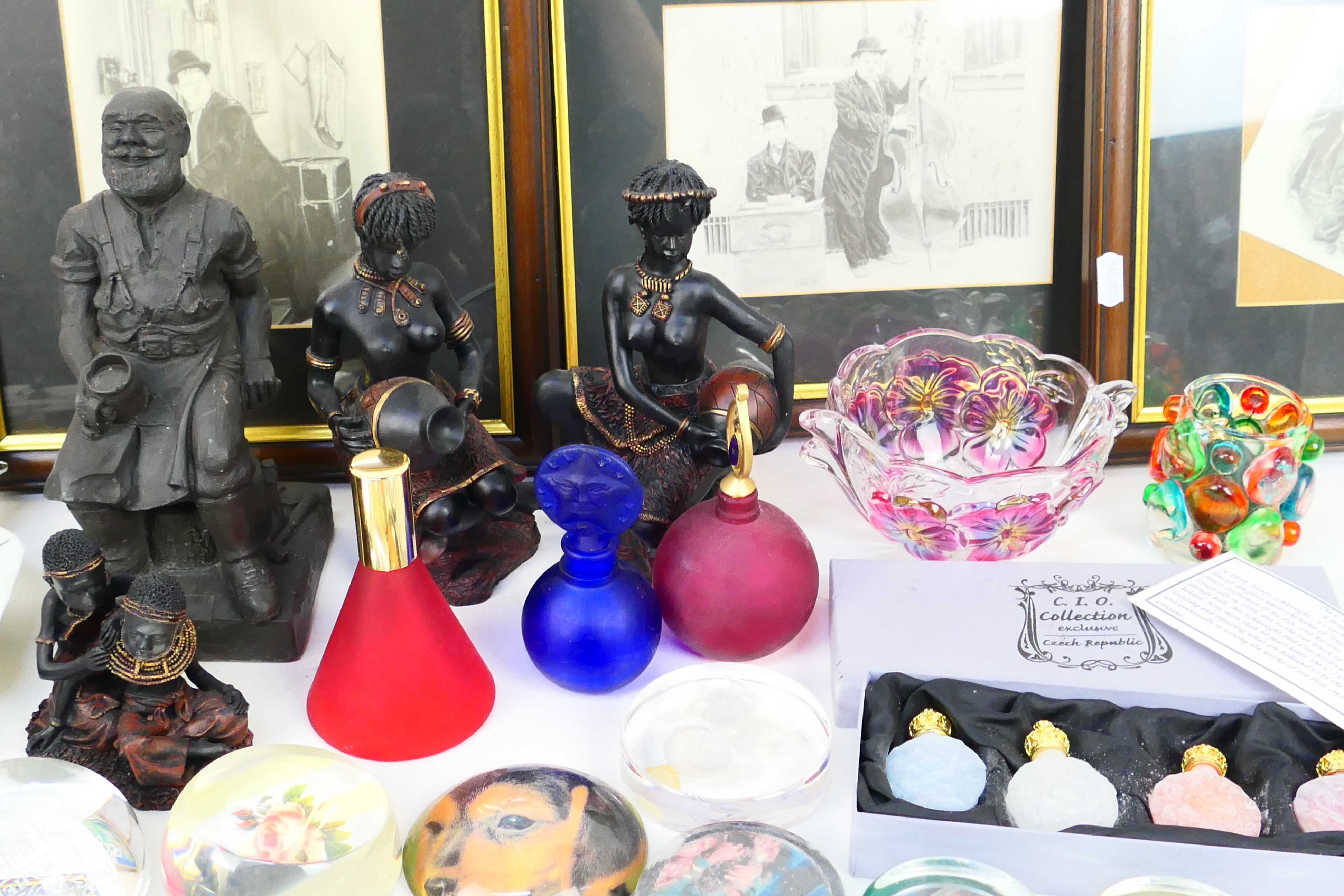 A mixed lot to include paperweights, Laurel & Hardy prints and wall clocks, various ornaments, - Image 2 of 7