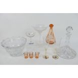 A peach glass Festival Of Britain decanter and glasses and further glassware.