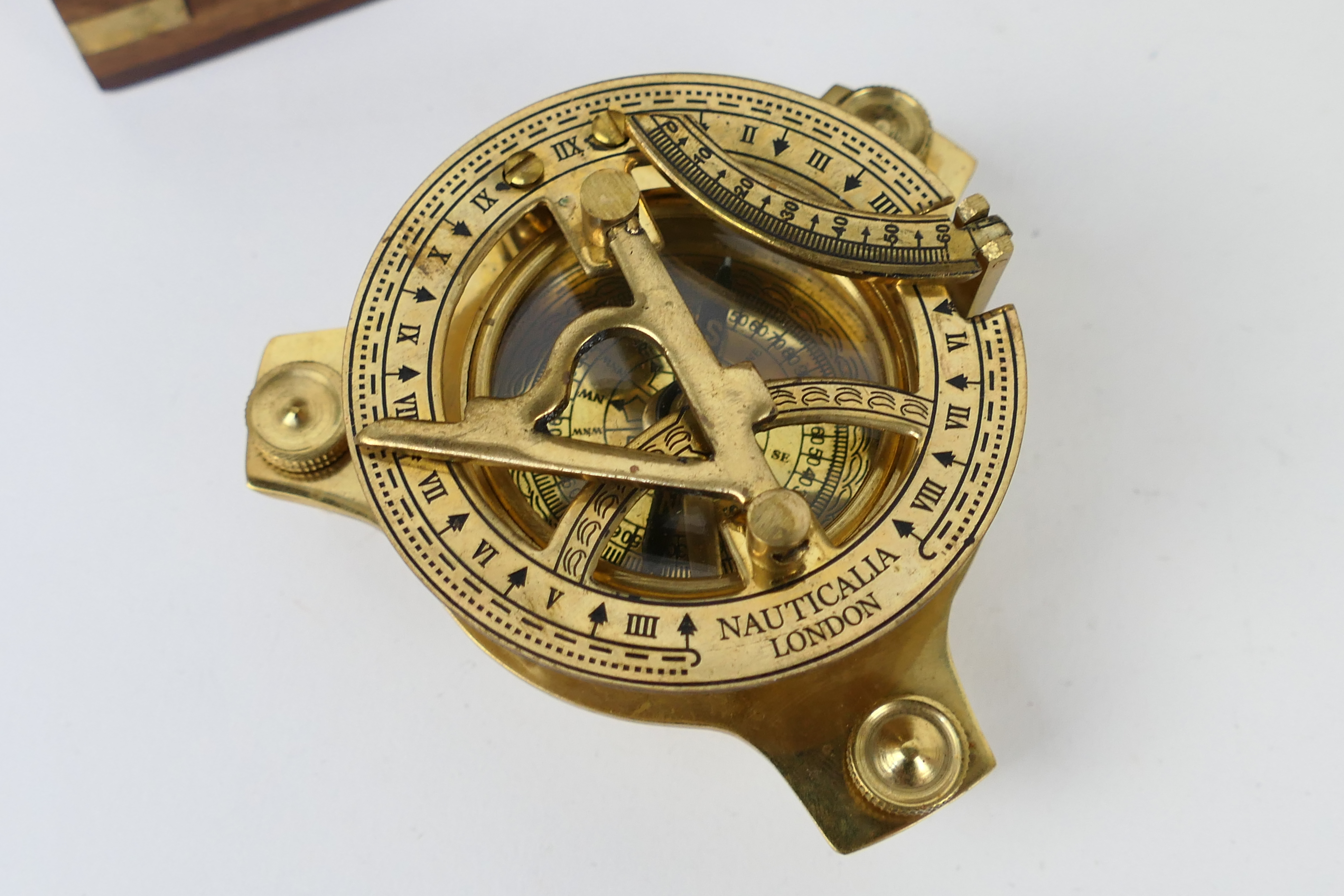 A brass compass marked Nauticalia London contained in wooden case, - Image 2 of 4