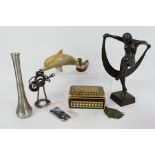 Mixed collectables to include an Art Deco style cast metal figure, pewter solifleur vase,