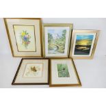 A collection of framed pictures, predominantly watercolours, varying image sizes.