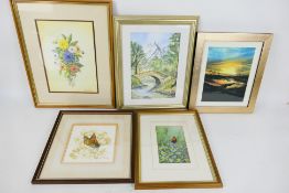 A collection of framed pictures, predominantly watercolours, varying image sizes.