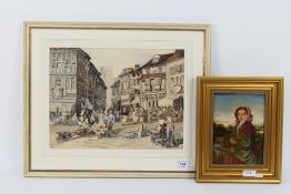 Two pictures to include a French watercolour street scene,