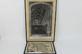 Two engravings comprising a hand coloured map of North Wales,