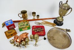 Lot to include plated ware, vintage tins, Mauchline Ware box and other.