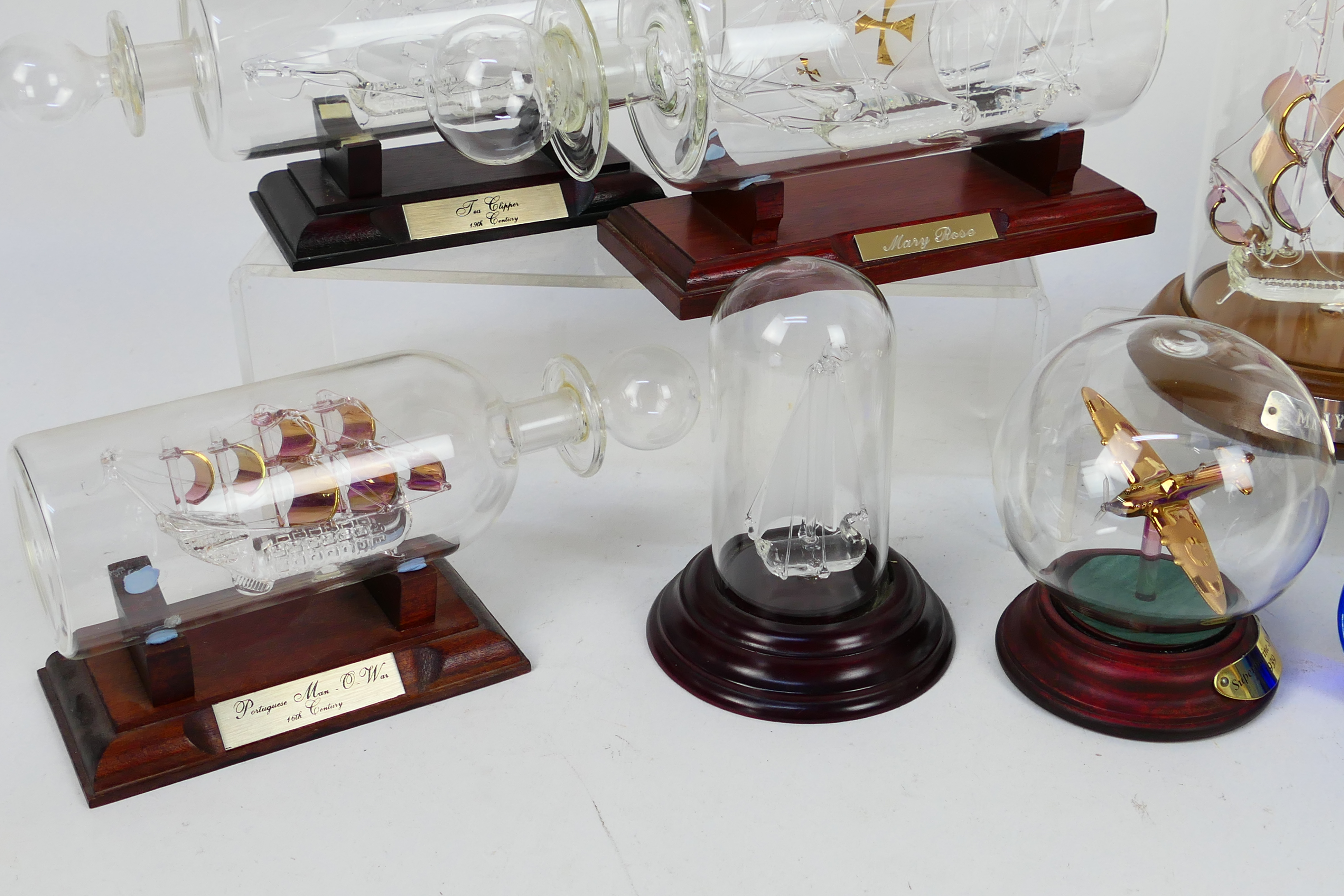 Various decorative ships in bottles, under glass domes, glass Spitfire in sphere and other. - Image 4 of 5