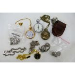 Three modern pocket watches, a stopwatch and a quantity of watch chains.