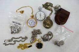 Three modern pocket watches, a stopwatch and a quantity of watch chains.