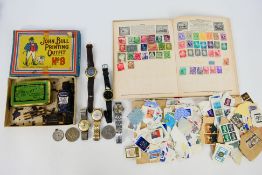 Lot to include stamps, loose and one album, wrist watches,