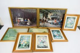 A group of framed prints to include floral studies, landscape scenes and other,