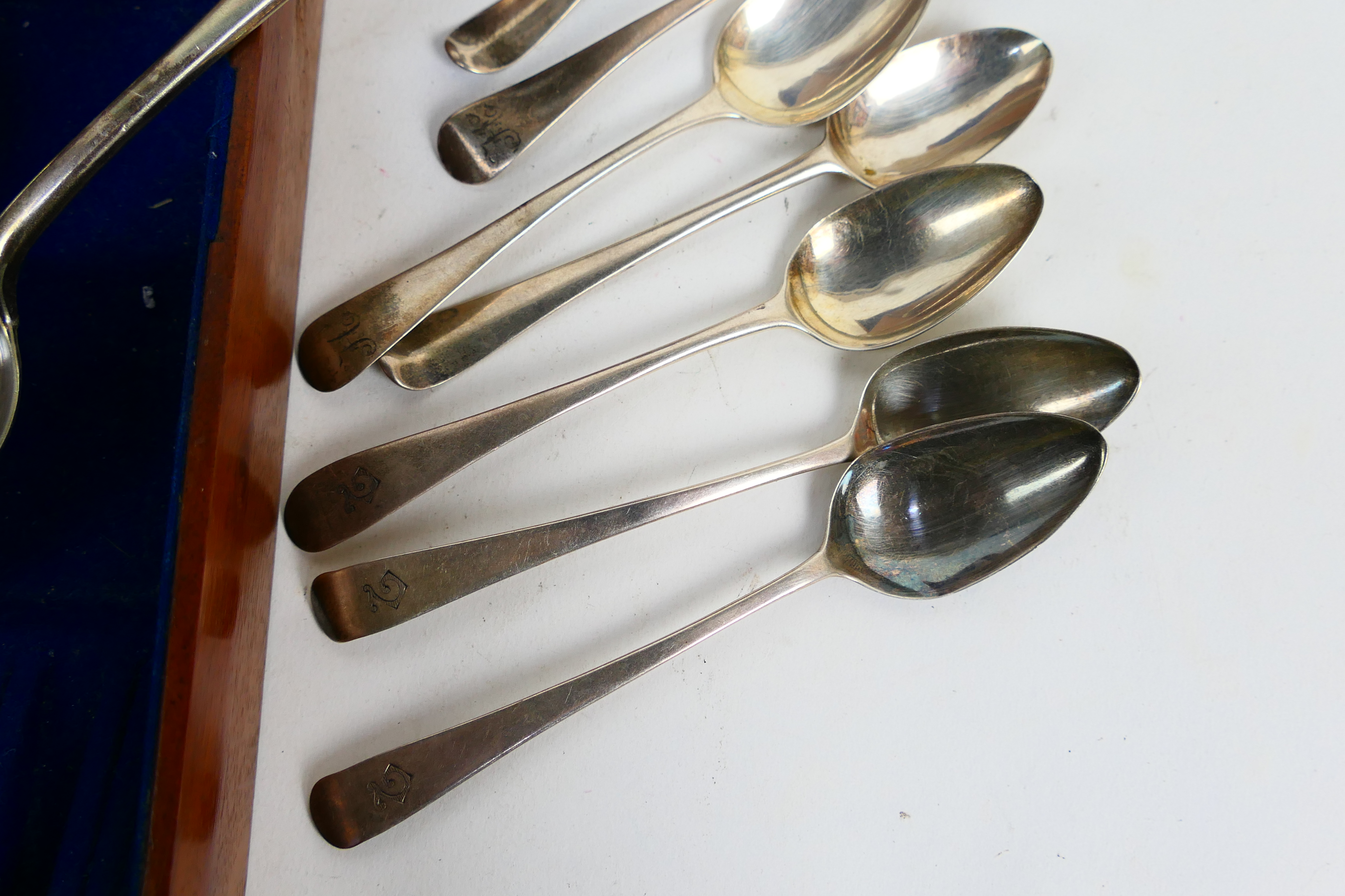 A canteen of plated and stainless cutlery, part filled, and eight Georgian silver coffee spoons, - Image 3 of 9