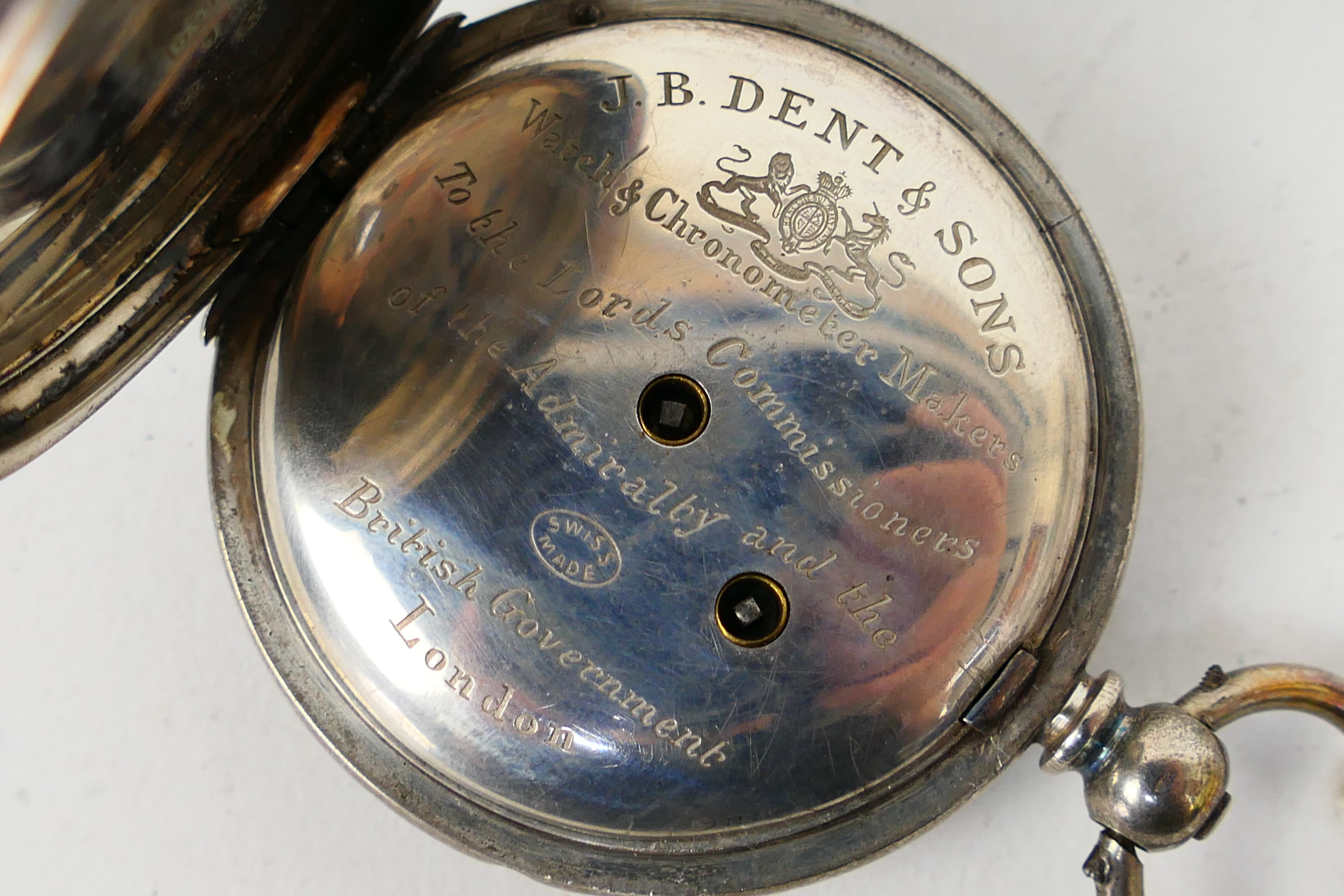 A Swiss silver (935 fineness) cased open face pocket watch, Roman numerals to a white enamel dial, - Image 4 of 6