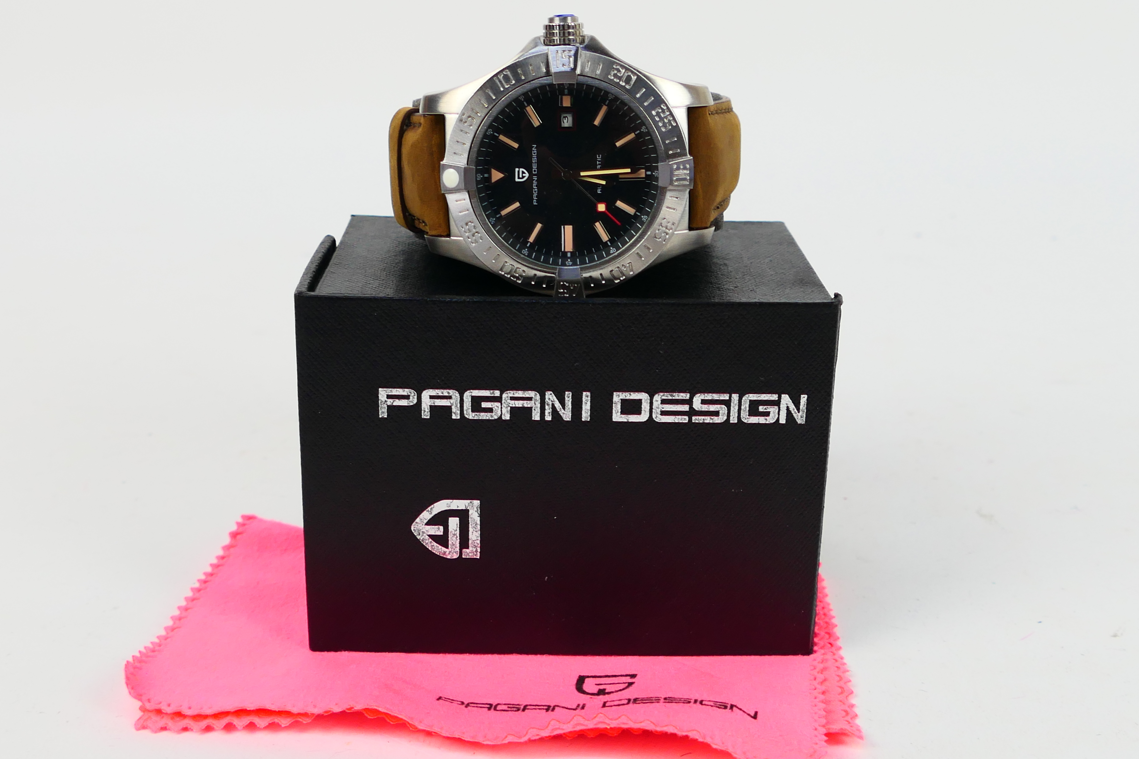 A boxed Pagani Design automatic wrist watch on leather strap, with paperwork.