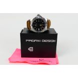 A boxed Pagani Design automatic wrist watch on leather strap, with paperwork.