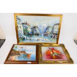 A large oil on canvas continental street scene, signed lower right,