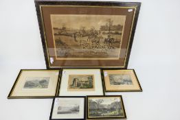 A collection of framed prints / etchings to include a hunting scene after G D Rowlandson.