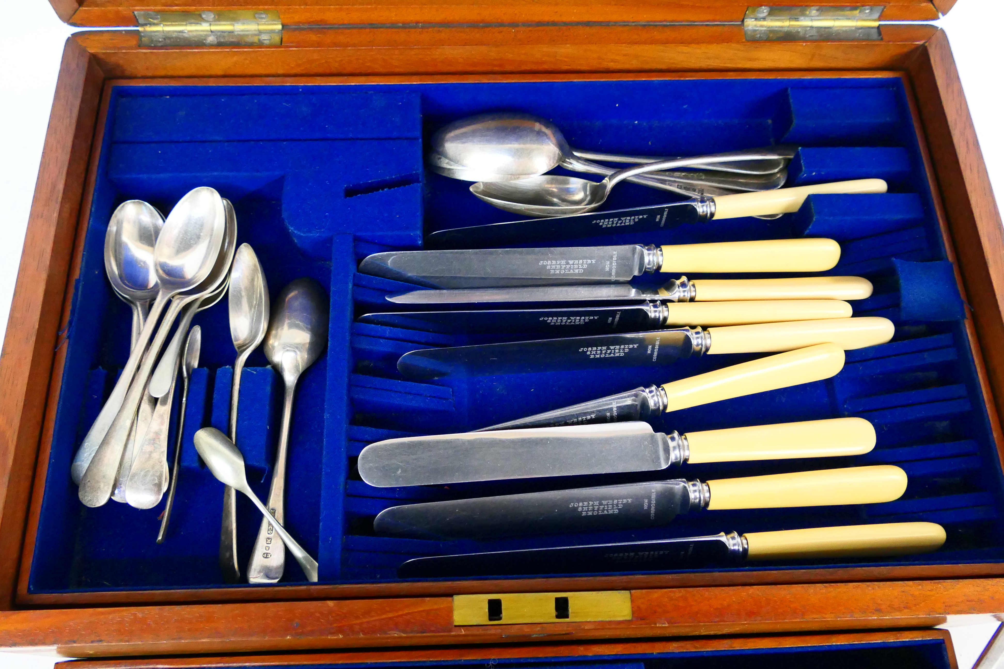 A canteen of plated and stainless cutlery, part filled, and eight Georgian silver coffee spoons, - Image 8 of 9