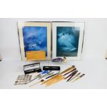 Lot to include two framed prints, desk tidy,