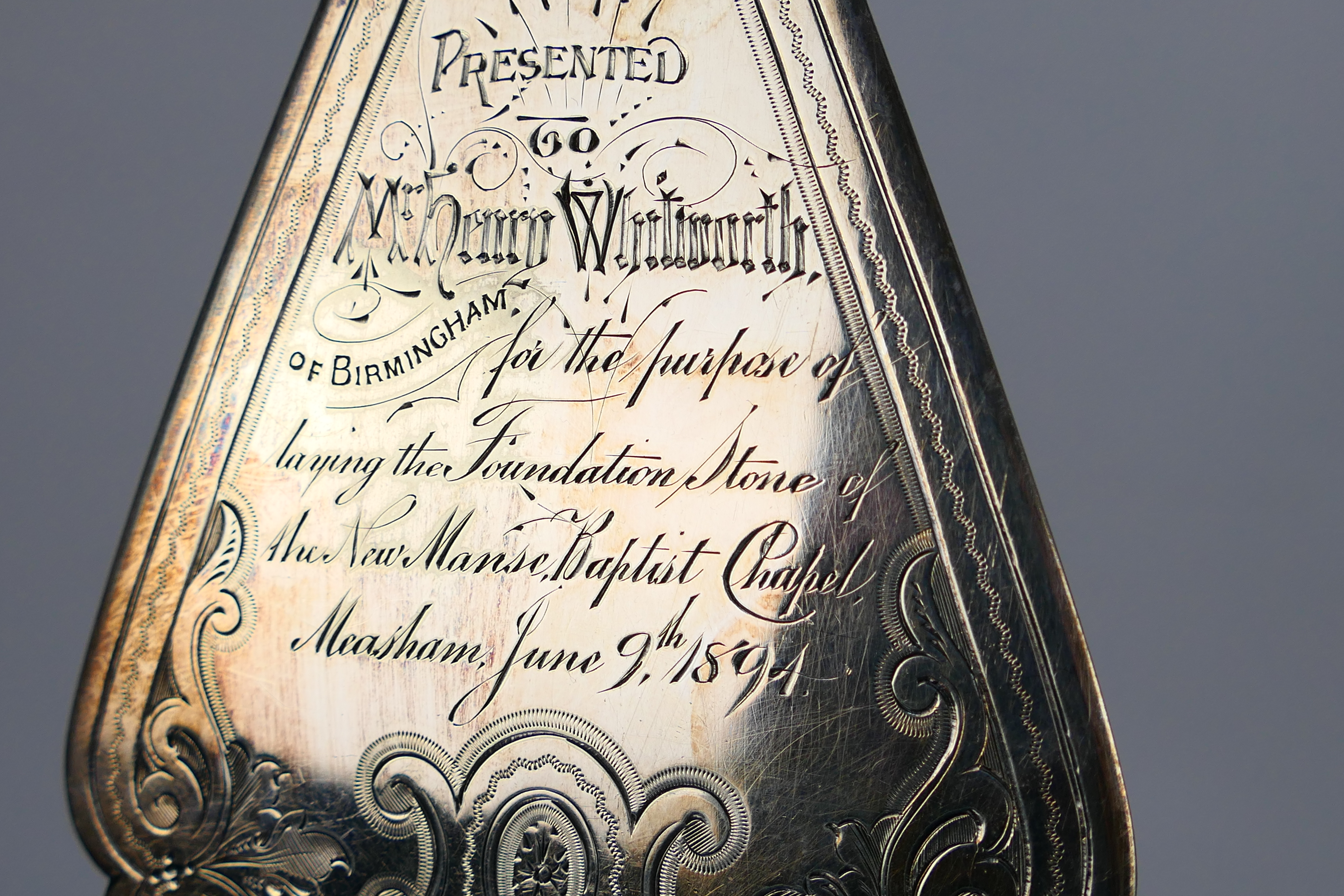 A Victorian silver plated presentation trowel engraved Presented To Mr Henry Whitworth Of - Image 3 of 7