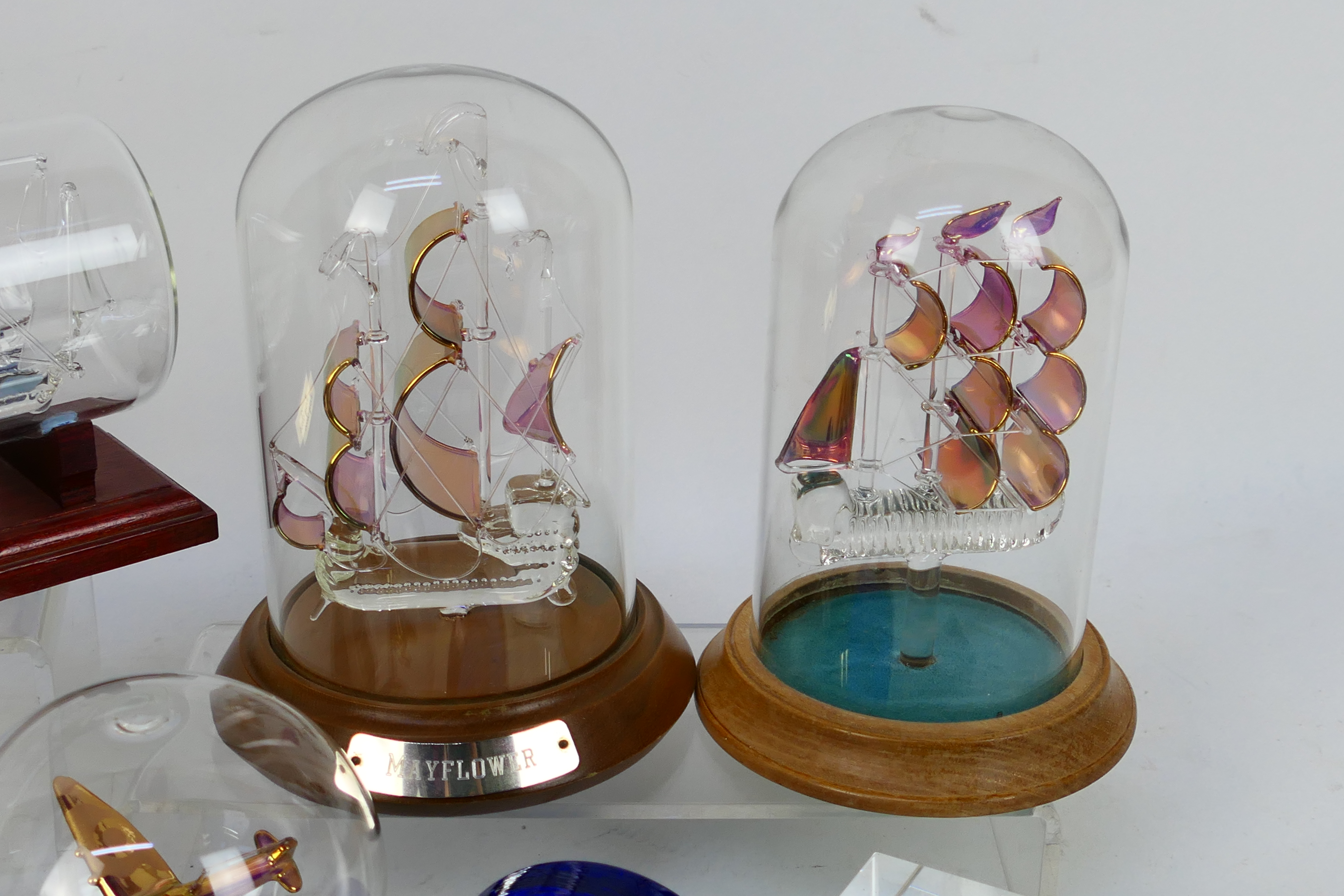 Various decorative ships in bottles, under glass domes, glass Spitfire in sphere and other. - Image 2 of 5