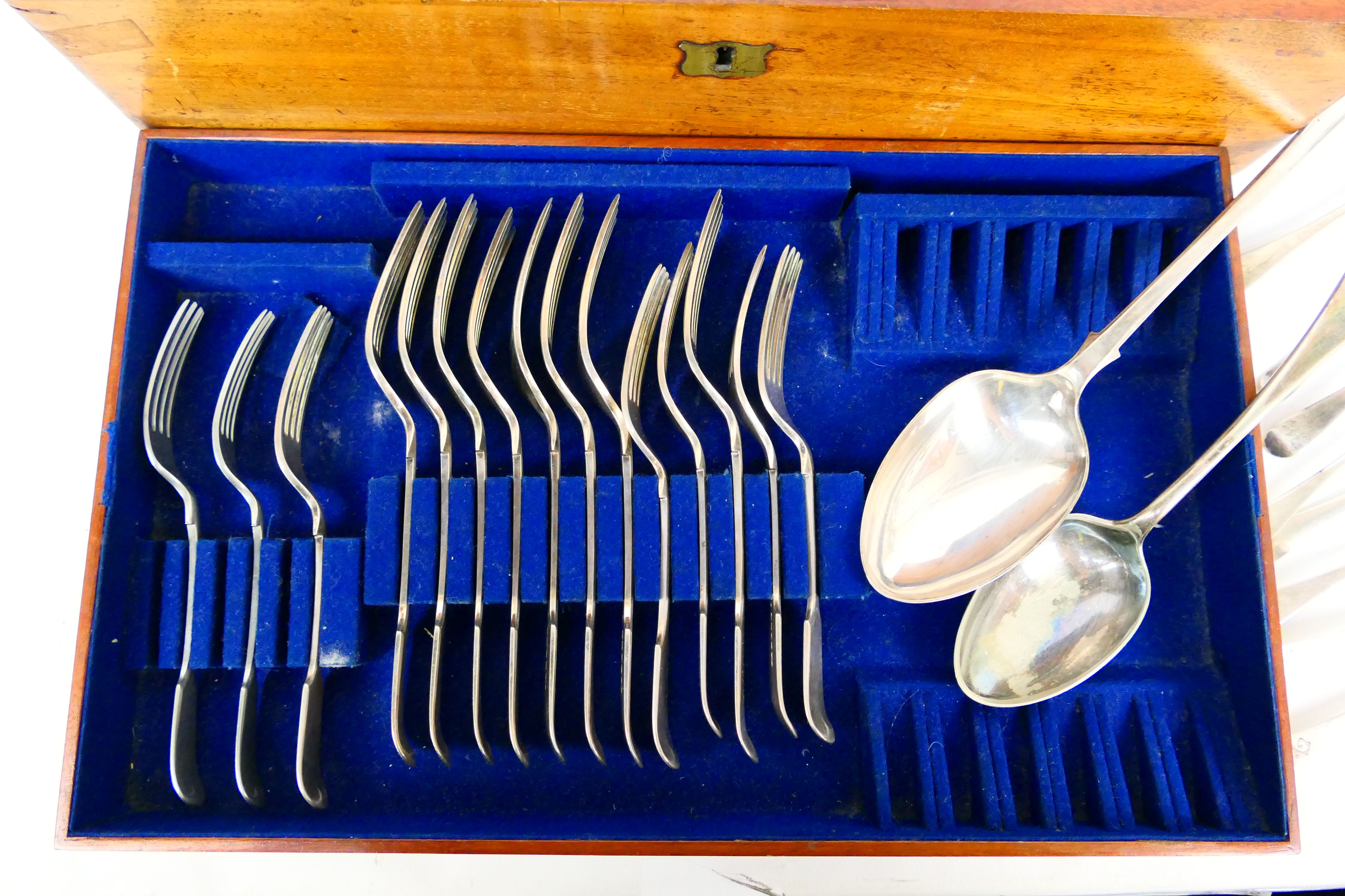 A canteen of plated and stainless cutlery, part filled, and eight Georgian silver coffee spoons, - Image 2 of 9