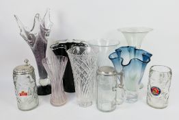 Art glass vases and steins, largest approximately 50 cm (h). [2].