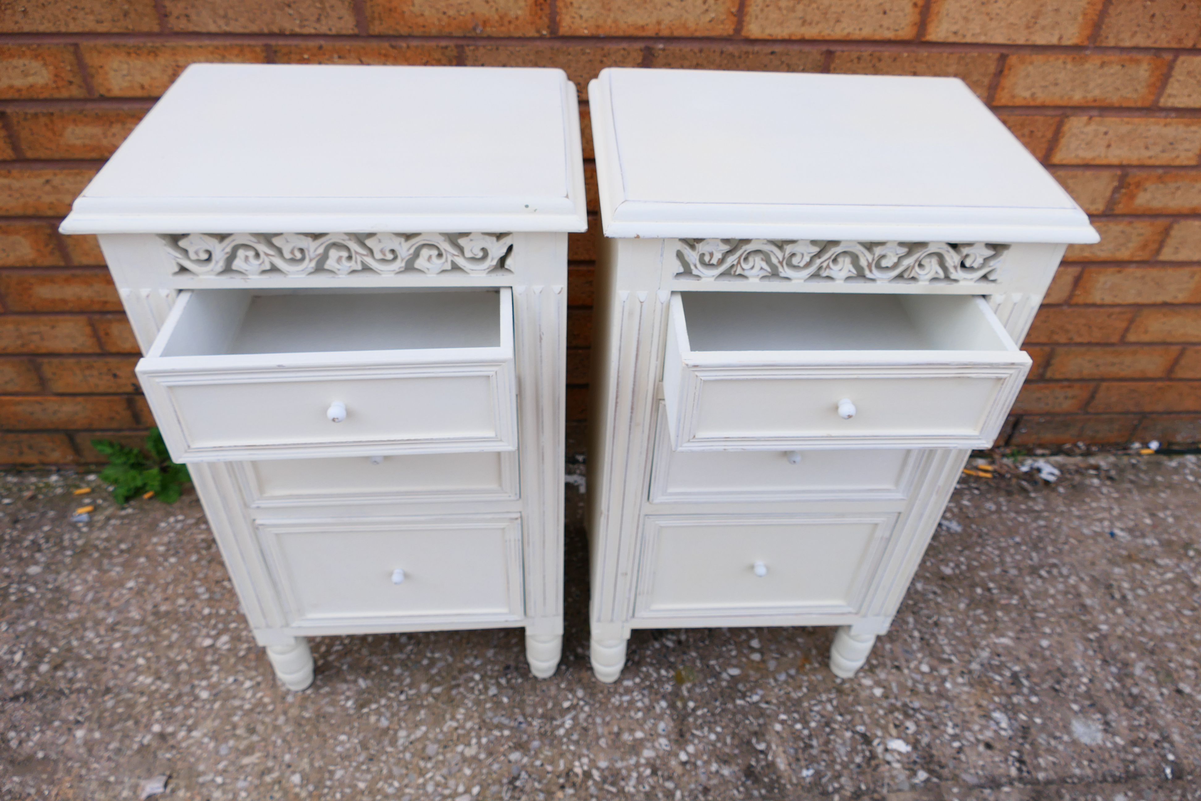 A pair of white vintage style wooden bedside cabinets, - Image 3 of 3